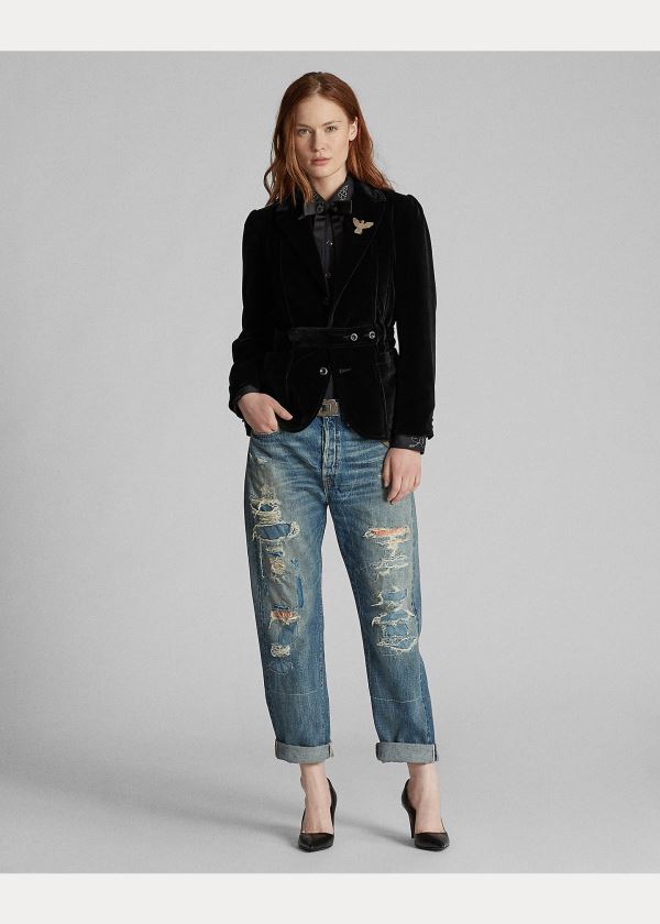 Ralph Lauren Velvet Jezdectví Blazer Černé | tAmJdugi