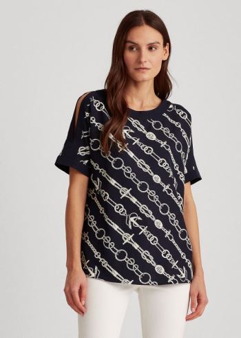 Ralph Lauren Anchor-Print Crepe Top Tmavě Blankyt Krém | OBahRCy2