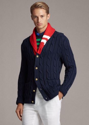 Ralph Lauren Bavlněné-Blend Shawl Cardigan Tmavě Blankyt Červené | XZn78Zry