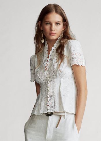 Ralph Lauren Bavlněné Eyelet Peplum Blouse Bílé | UqlXNIf1
