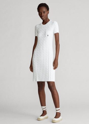 Ralph Lauren Bavlněné Krátké-Sleeve Šaty Bílé | PkD0ubjX