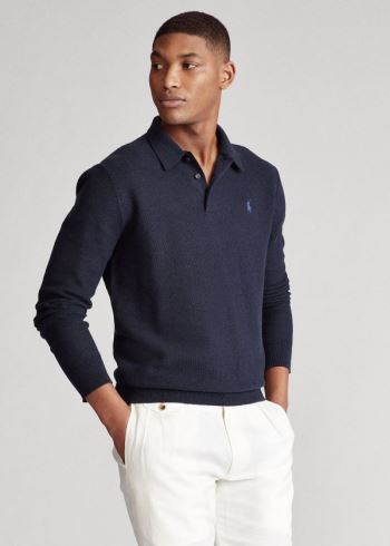 Ralph Lauren Bavlněné Polo-Collar Svetrové Tmavě Blankyt | 7ipN7Clu