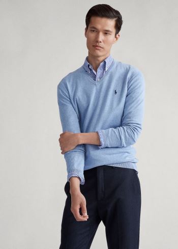 Ralph Lauren Bavlněné V-Neck Svetrové Blankyt | rkJzBPYM
