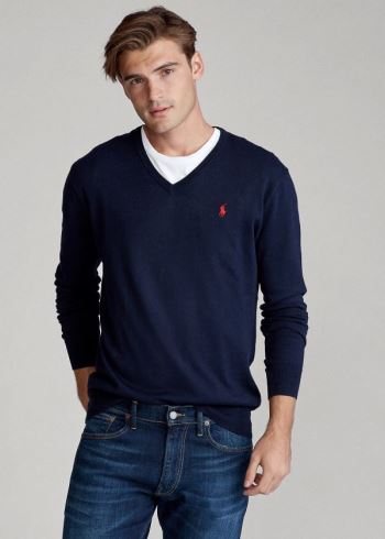Ralph Lauren Bavlněné V-Neck Svetrové Tmavě Blankyt | uwPoqBg0