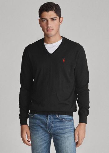 Ralph Lauren Bavlněné V-Neck Svetrové Černé | 393NvDuo