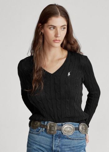 Ralph Lauren Cable-Knit V-Neck Svetrové Černé Bílé | gVPlU7Lx