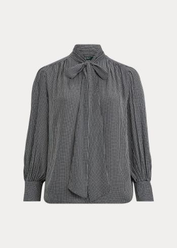 Ralph Lauren Check-Print Tie-Neck Top Tmavě Blankyt Bílé | 67YhKR2s