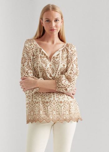 Ralph Lauren Eyelet Elbow-Sleeve Top Béžový Hnědé | IElix13B