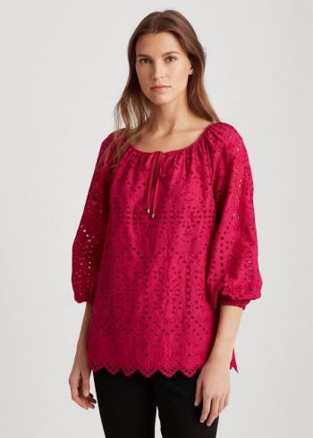 Ralph Lauren Eyelet Elbow-Sleeve Top Tmavě Fuchsie | t2cTfC62