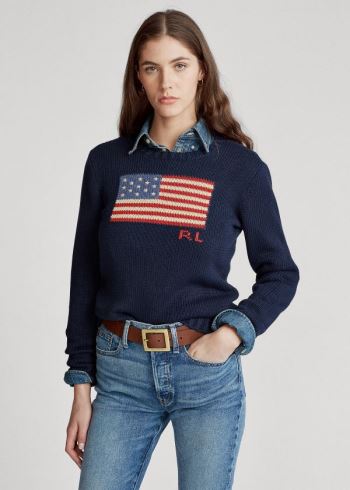 Ralph Lauren Flag Bavlněné Crewneck Svetrové Tmavě Blankyt | p6lPQkPm