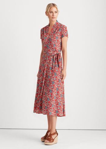 Ralph Lauren Floral Crepe Midi Šaty Červené Viacfarebný | O0WuFUfn