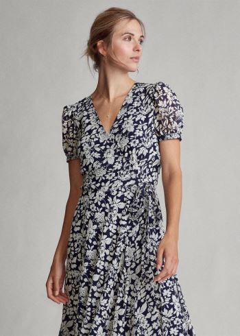 Ralph Lauren Floral Crepe Wrap Šaty Tmavě Blankyt Viacfarebný | umieTubk