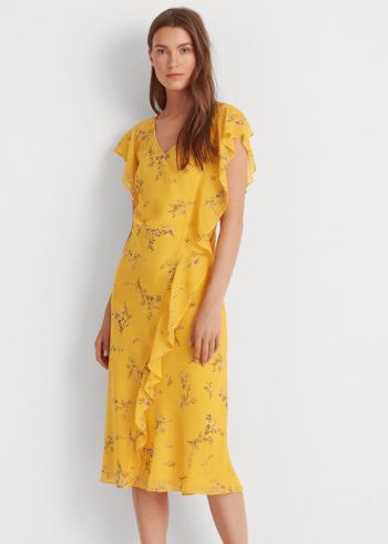 Ralph Lauren Floral Georgette Šaty Žluté Šedé Viacfarebný | 1XzONdoz