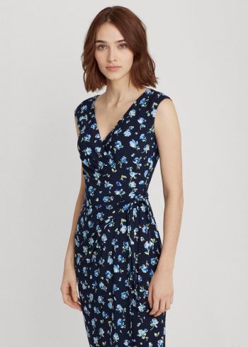 Ralph Lauren Floral Jersey Wrap-Style Šaty Tmavě Blankyt Blankyt Viacfarebný | EFIR3Ets