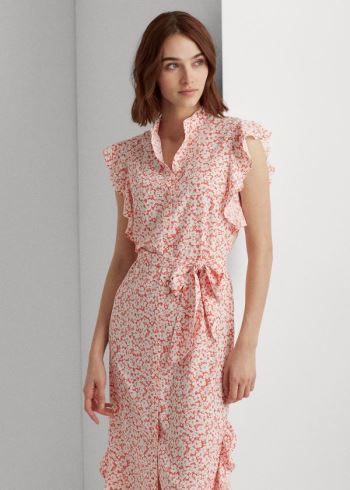 Ralph Lauren Floral Ruffled Crepe Šaty Červené Bílé | uMWhfhY8