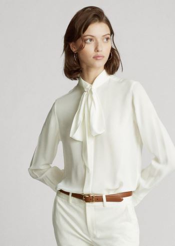 Ralph Lauren Georgette Tie-Neck Shirt Krém | NuDAPT45