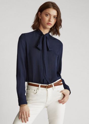 Ralph Lauren Georgette Tie-Neck Shirt Tmavě Blankyt | BNg5uSvu