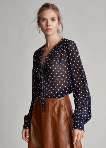 Ralph Lauren Georgette Tie-Neck Shirt Tmavě Blankyt Bílé | cBkptaa5