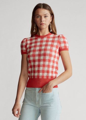 Ralph Lauren Gingham Krátké-Sleeve Svetrové Růžové Viacfarebný | wXAGQtB2