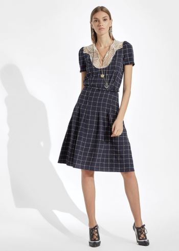 Ralph Lauren Hayes Krajkové-Collar Silk Šaty Tmavě Blankyt Krém | z206Km5Q