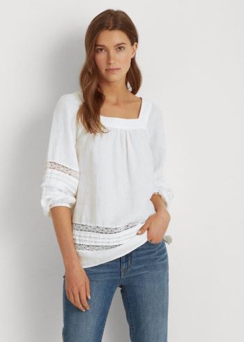Ralph Lauren Linen Balloon-Sleeve Top Bílé | czrX1MW3