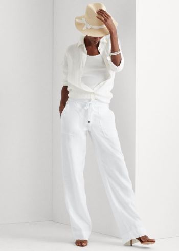 Ralph Lauren Linen Široké-Leg Pant Bílé | 6A2INtic