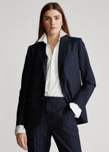 Ralph Lauren Pinstripe Wool Blazer Tmavě Blankyt | ThoOcBbq