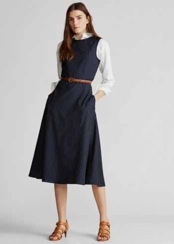 Ralph Lauren Pinstripe Wool Šaty Tmavě Blankyt | frcJCFky