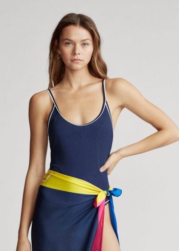 Ralph Lauren Piped-Trim Ribbed One-Piece Tmavě Tmavě Blankyt | 8NWghEjv