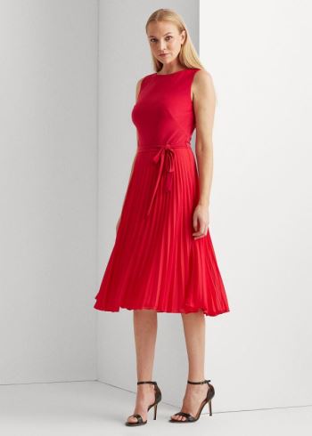 Ralph Lauren Pleated Georgette Šaty Červené | r0q9Ajxs