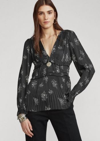 Ralph Lauren Pleated Rose-Print Blouse Černé Viacfarebný | UwDFzmRp