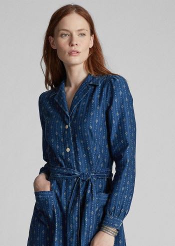 Ralph Lauren Print Bavlněné Sateen Šaty Indigo | KBuZMPiN
