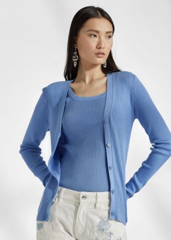 Ralph Lauren Rib-Knit Silk Cardigan Světle Blankyt | pId1Sqvz