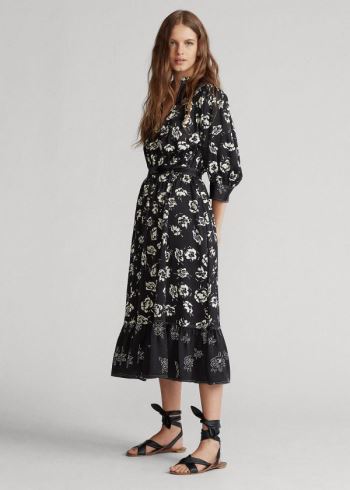 Ralph Lauren Rose-Print Satin Šaty Černé Bílé | gwY9n7Z1