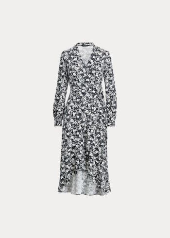 Ralph Lauren Ruffle Long-Sleeve Wrap Šaty Tmavě Blankyt Krém | 6zMKQhs0