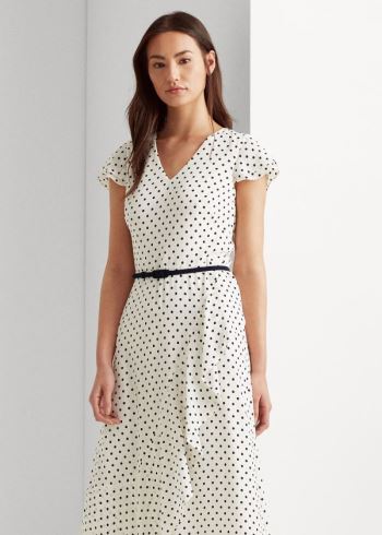 Ralph Lauren Ruffle-Trim Crepe Šaty Krém Tmavě Blankyt | l7qd4KMw