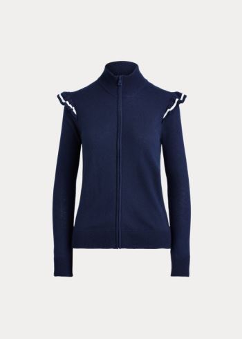 Ralph Lauren Ruffle-Trim Zip Golfové Svetrové Tmavě Blankyt | sda2ROcW