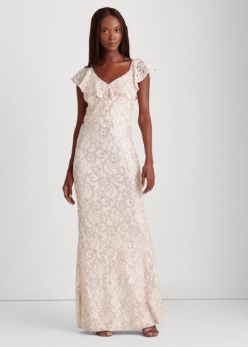 Ralph Lauren Sequin-Krajkové One-Shoulder Gown Světle Růžové | XLslUts0
