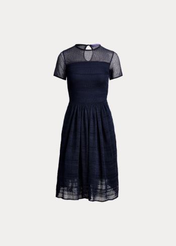 Ralph Lauren Silk Geometric-Krajkové Šaty Tmavě Blankyt | 5KLK8sUN