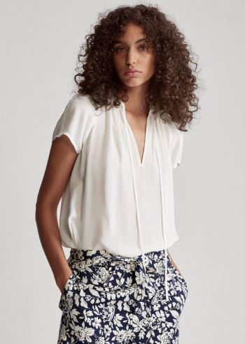 Ralph Lauren Silk Georgette Necktie Blouse Krém | yKishjVf