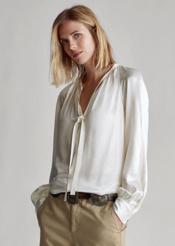 Ralph Lauren Silk Tie-Neck Top Krém | aeVLkxHX