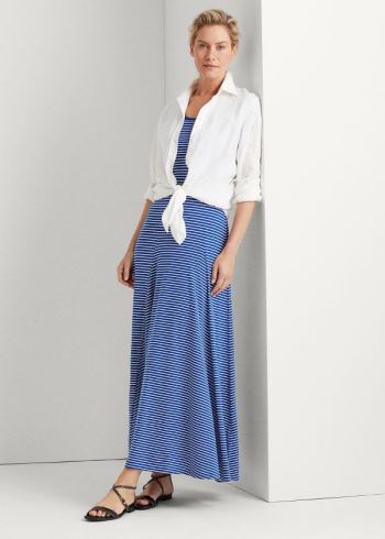 Ralph Lauren Striped Bavlněné-Blend Maxidress Blankyt Krém | bjrgsvx4