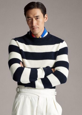 Ralph Lauren Striped Bavlněné-Blend Svetrové Tmavě Blankyt Bílé | uPO4O1Nl