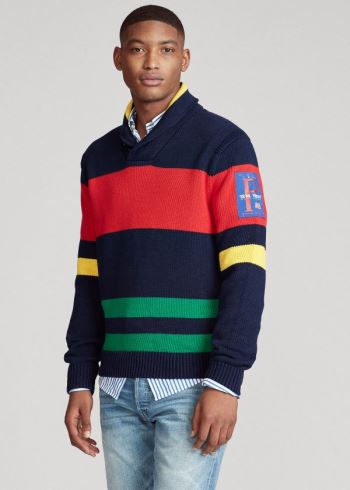Ralph Lauren Striped Bavlněné Shawl Svetrové Tmavě Blankyt Zelene Červené Žluté | aiCzVlZ9