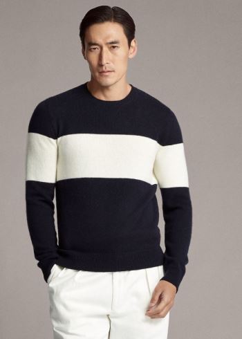 Ralph Lauren Striped Cashmere Svetrové Tmavě Blankyt Krém | O3Q2h24b
