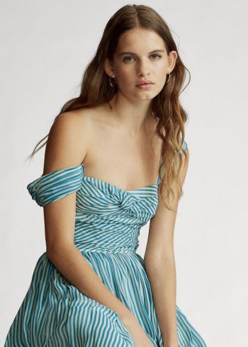 Ralph Lauren Striped Fit-and-Flare Šaty Světle Blankyt Krém | nQtewMVg