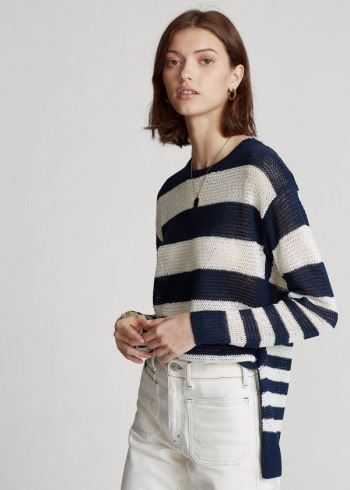 Ralph Lauren Striped Linen Svetrové Tmavě Blankyt Bílé | bwhQY4SO