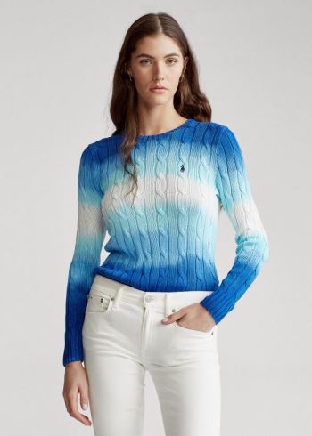 Ralph Lauren Tie-Dye Cable Bavlněné Svetrové Bílé Blankyt | pNDn93UJ