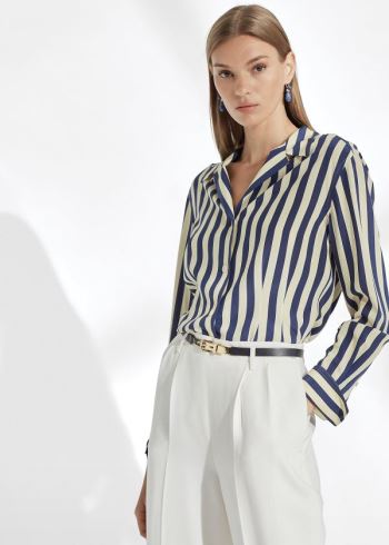 Ralph Lauren Vanna Striped Silk Shirt Tmavě Blankyt Krém | 1IIddadJ